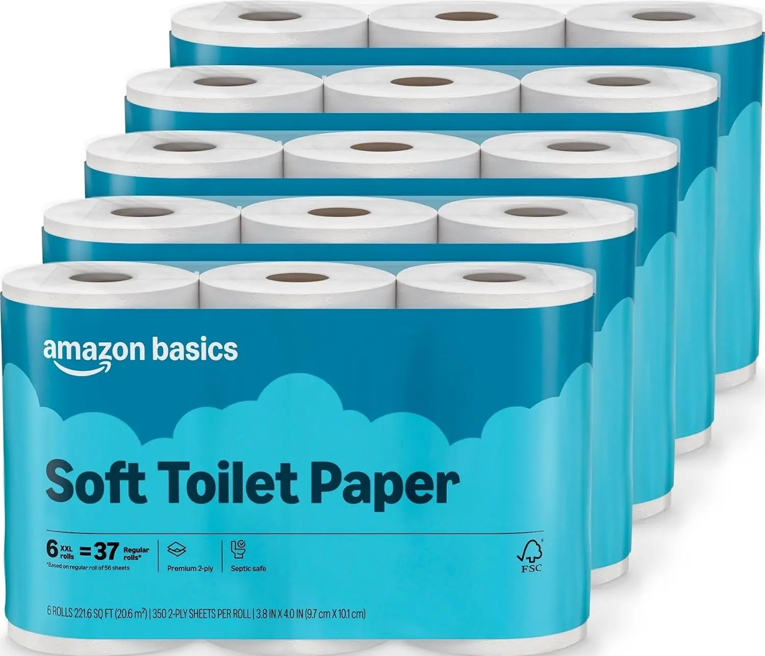 Amazon Basics 2-Ply Soft Toilet Paper, 30 Rolls (5 Packs of 6), 350 Sheets per Roll, Septic Safe, Equivalent to 185 Regular Rolls