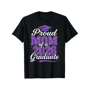 Proud Mom of a 2026 Graduate T-Shirt |   Class of 2026 Senior Year Celebration, Unisex Loose-Fit Round Neck with Cap & Diploma Design, Purple & Golden Lettering - Graduation Season Gift for Mothers, Parents, Friends, Family Tee Graphic