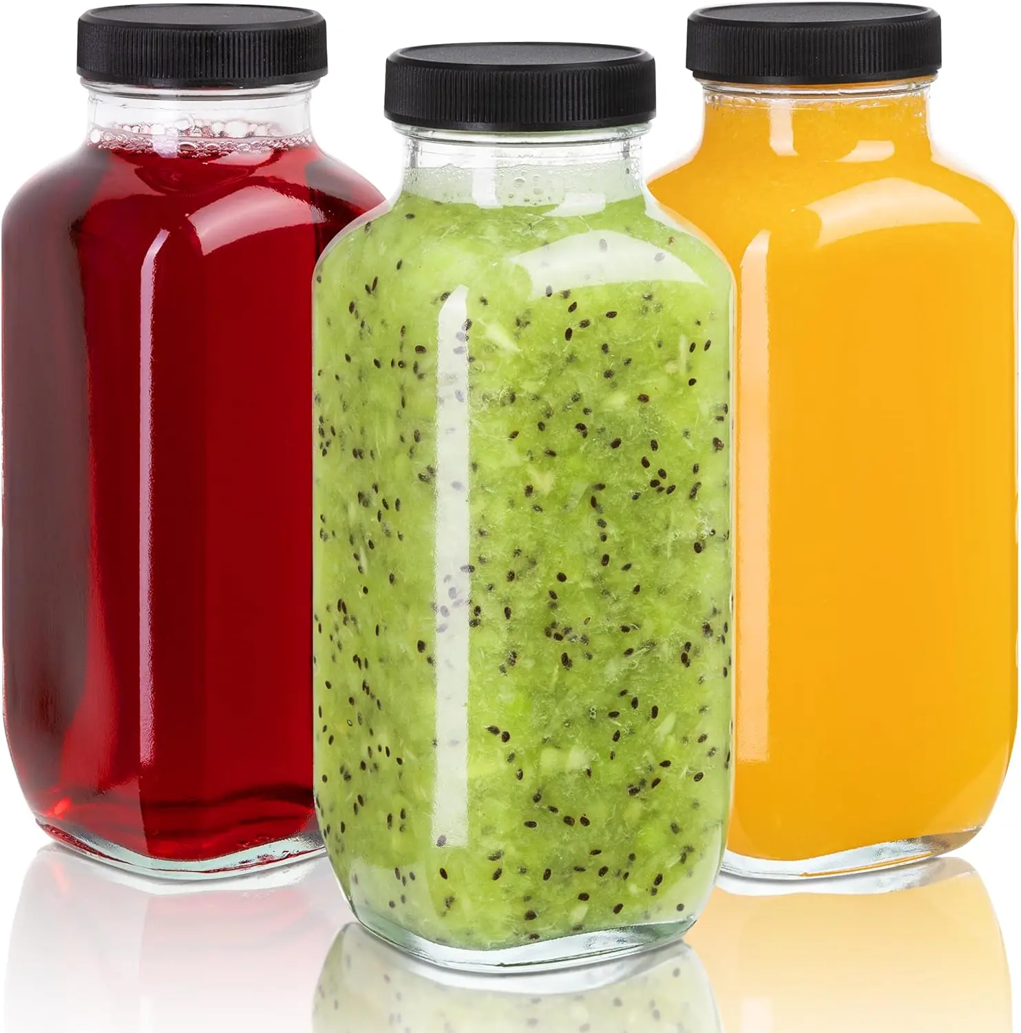 Juice Bottles with Lids, 16 Oz - Set of 3 - Clear Glass Jars with Caps - Reusable Empty Drink Containers for Juicing, Smoothies, Water, Milk, Kombucha Storage, Wellness Shots and More (3)