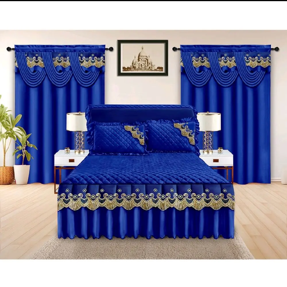 luxury blue embroidered 5piece bedding &curtains set