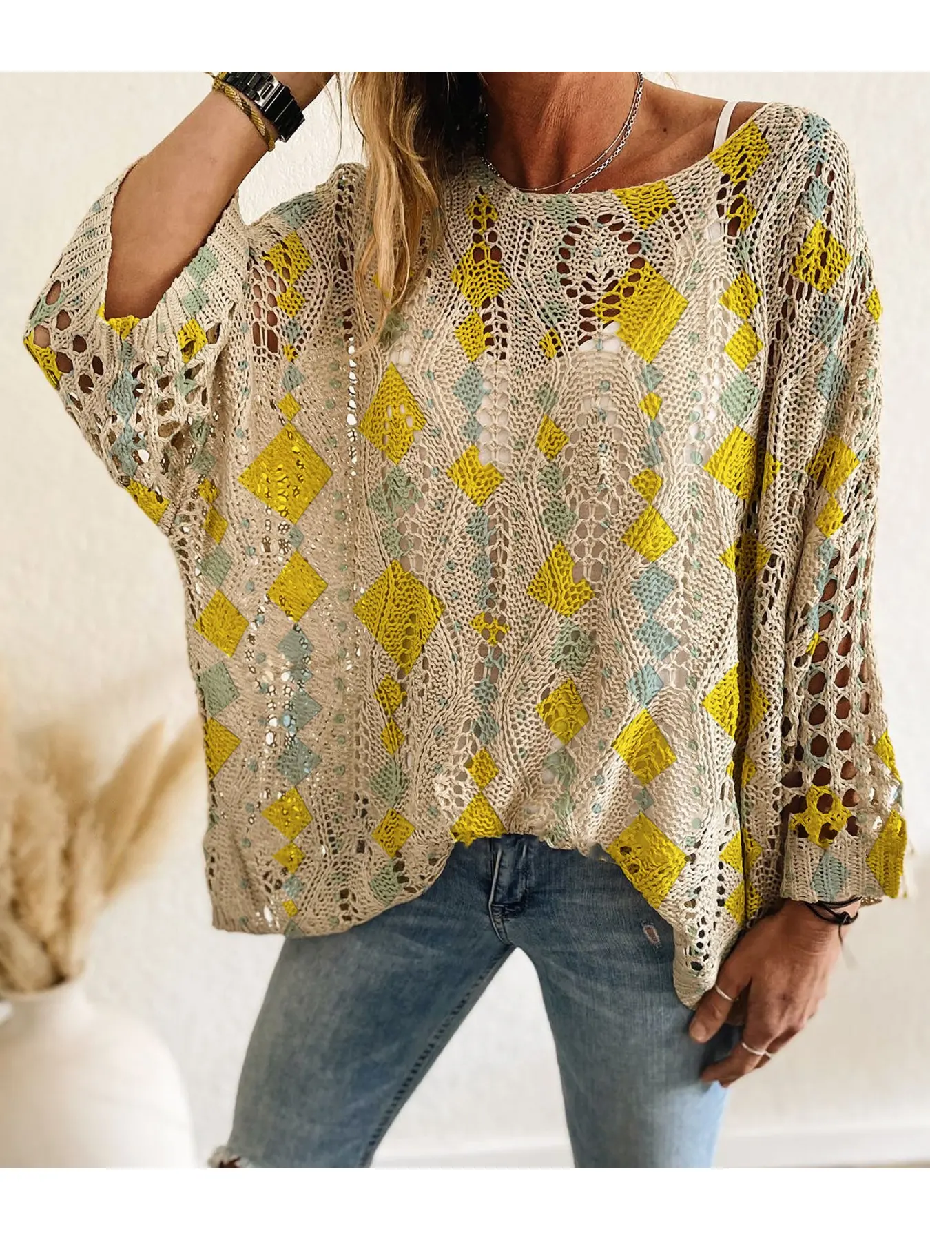 Spring/Summer style, boat neck with diamond cutout, batwing drop shoulder loose fit, long-sleeve women's knitted top with contrast color argyle print, vacation style, casual for commuting, Casual tops, Knit clothes