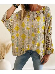 Spring/Summer style, boat neck with diamond cutout, batwing drop shoulder loose fit, long-sleeve women's knitted top with contrast color argyle print, vacation style, casual for commuting, Casual tops, women's vest cover-up