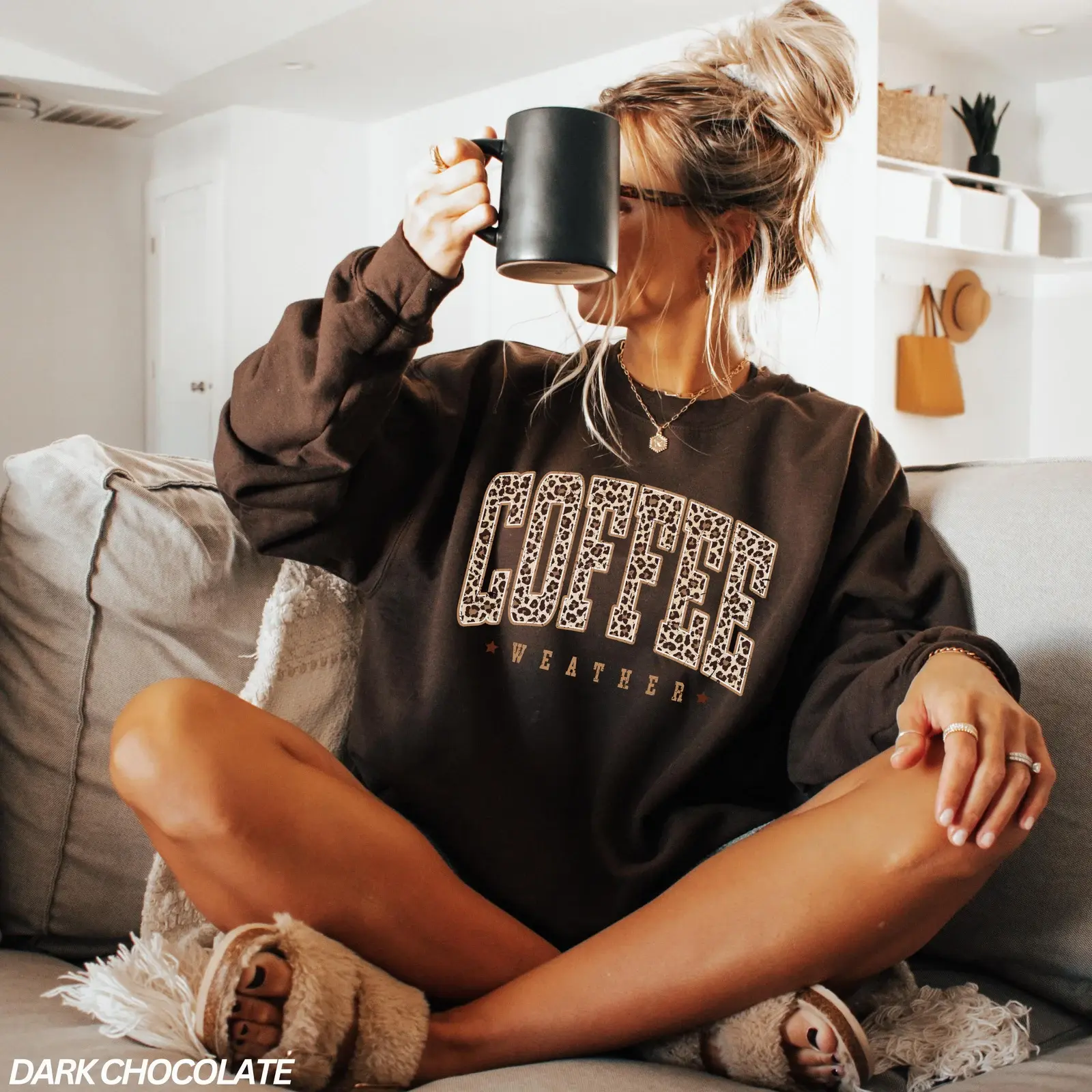 Coffee Weather Sweatshirt,  Leopard Print Sweatshirt, Fall Sweatshirt for Women, Coffee Lover Sweatshirt