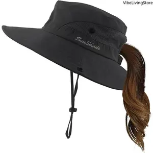 Unisex Wide Brim Ponytail Bucket Hat for Women Adults, UPF UV Protection Foldable Sports Hat, Stylish Outdoor Cap for Beach, Hiking