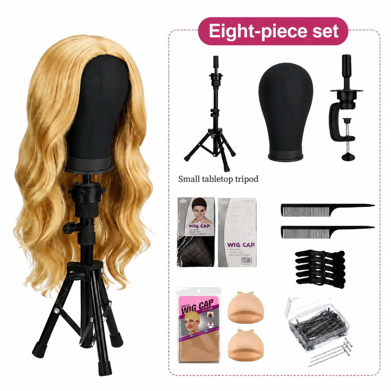22" Canvas Adjustable Wig Mannequin Head Tripod Set with Table Clamp Holder, Professional Styling Tool for Hair Replacement & Drying, Hair Stylist Gift with HD Wig Cap