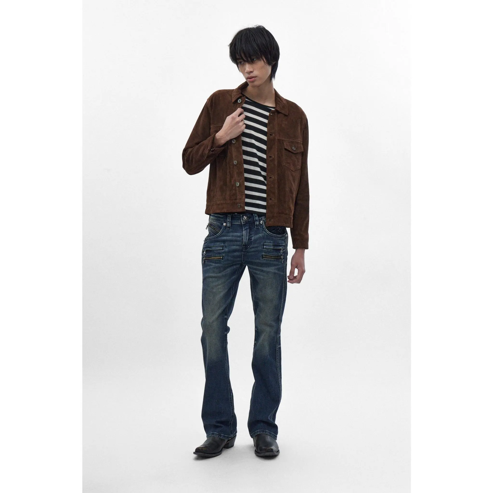 Rock Revival Jon Slim Flare Jeans in Dark Blue, Embroidery, Menswear