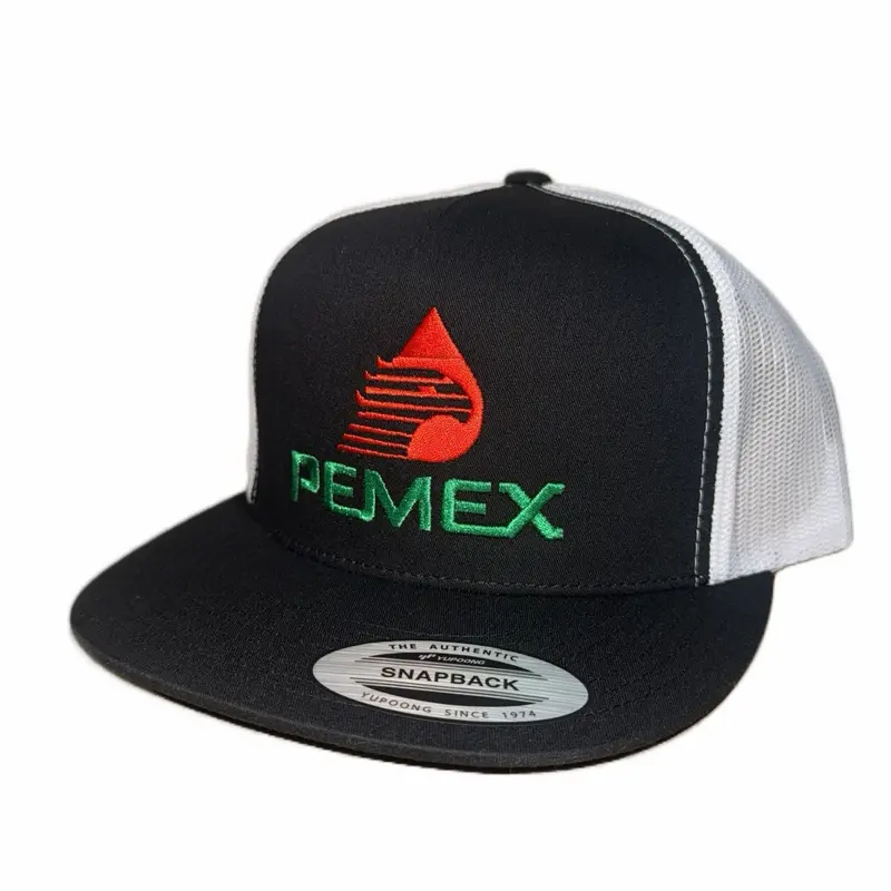 PEMEX Black-White Flat Bill Classic Snapback Trucker Cap - Black Trim, Colorful Logo, Men's Snapback Hat, Casual Sporty Fashion Accessory, Snapback Hats, Men's Snapback Hats