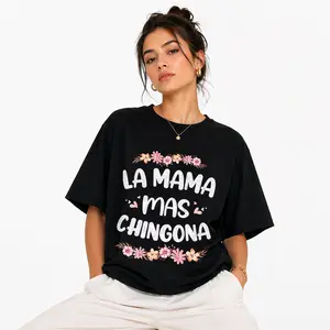 Women's Round Neck Short-Sleeve "La Mama Mas Chingona" Graphic T-Shirt, Funny Spanish Slogan Casual Floral Tee, Everyday Fashion Top, Latina Mom Mother's Day Gift Ideas