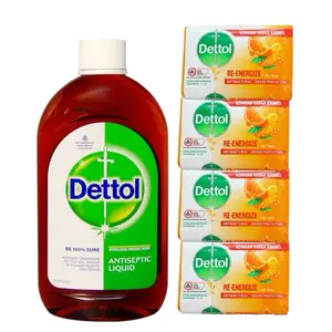 Dettol Antiseptic Liquid 550mL & 4 Re-energize Soap 100mL Each - Effective Antiseptic Solution for Home & Personal Use