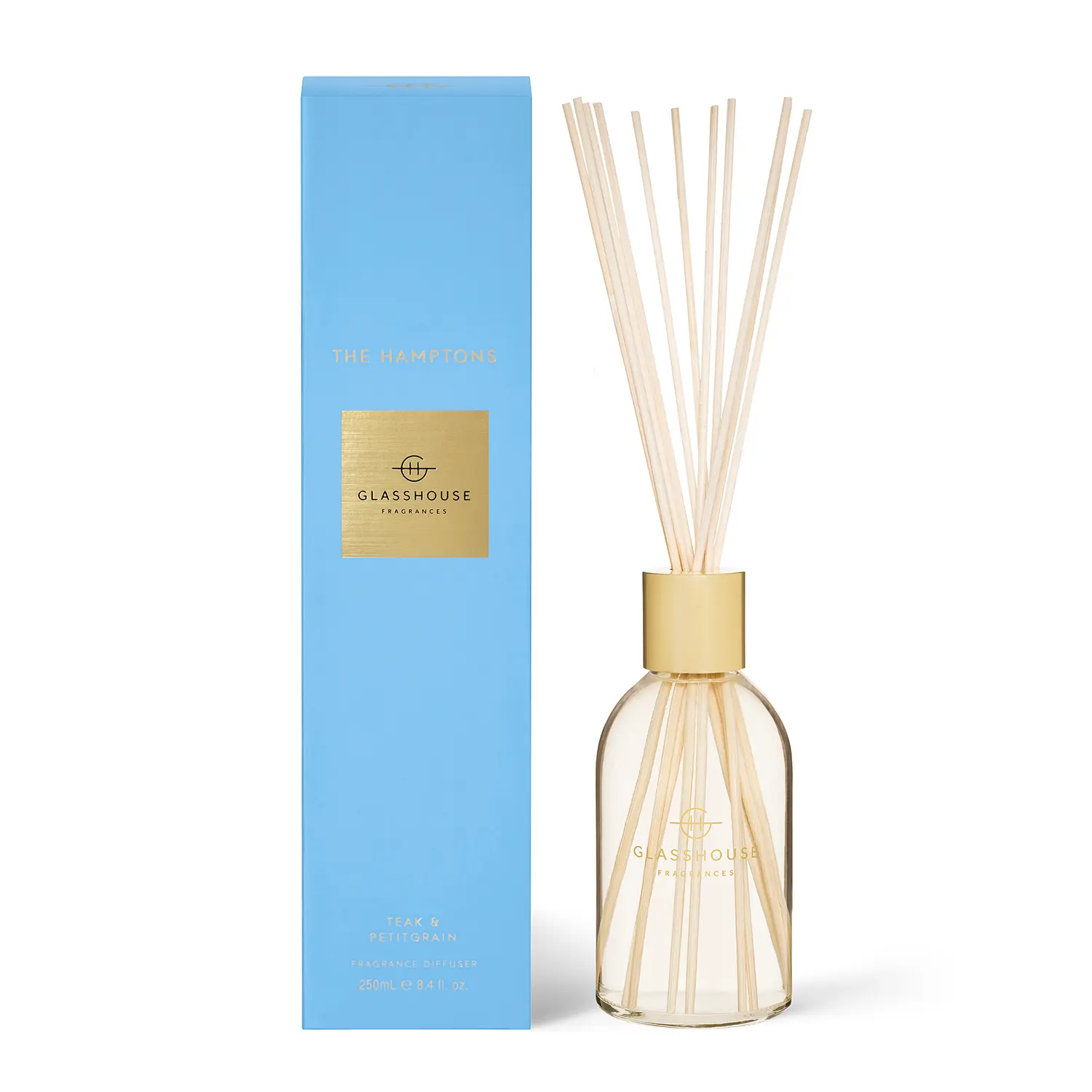 Glasshouse Fragrances The Hamptons 250ml Freshener Diffuser - Teak & Petitgrain, Aromatic Woody, Woody Floral, Soothing, Long-Lasting Home Fragrance