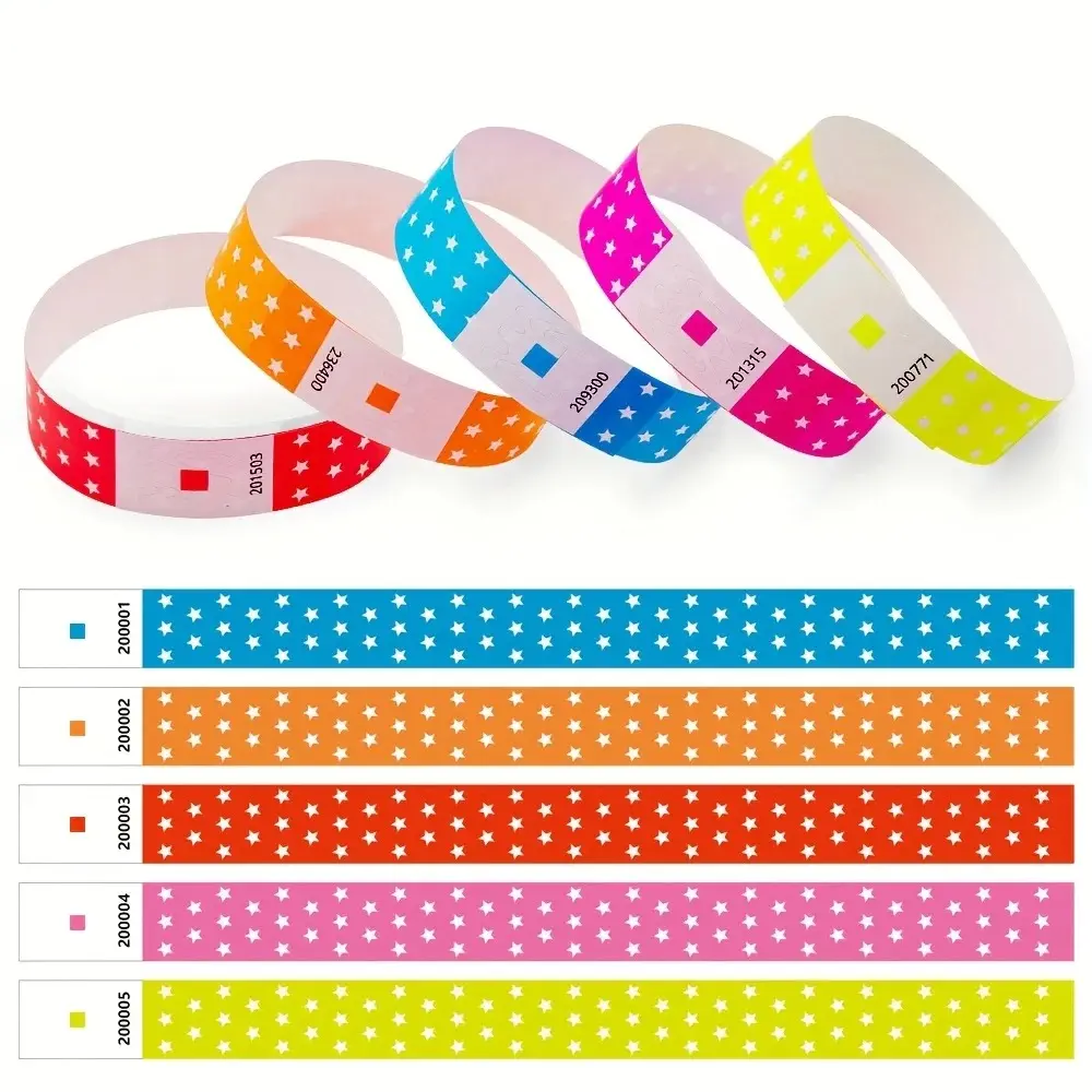 100/500pcs Fluorescent Paper Wristbands with 6-Digit Serial Numbers - Assorted Colors & Patterns for Concerts, Christmas, Birthday Party Favors