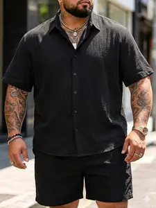 Men's Plus Size Two-Piece Set, Textured Casual, Slim-Fit Shirt & Shorts, Breathable Fabric, All-Season Comfort