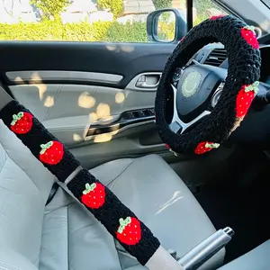 Strawberry Pattern Car Steering Wheel Cover & Seat Belt Cover, Handmade Crochet Car Interior Decoration Set, Car Accessories for Women & Girls, Girly Car Interior Sets