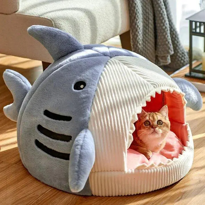 PetFusion Luxury Plush Shark Pet Bed - Ultra Soft Plush Comfort with Removable Cushioned Pillow for Cats & Dogs - Fun Shark Design Cozy Hideaway