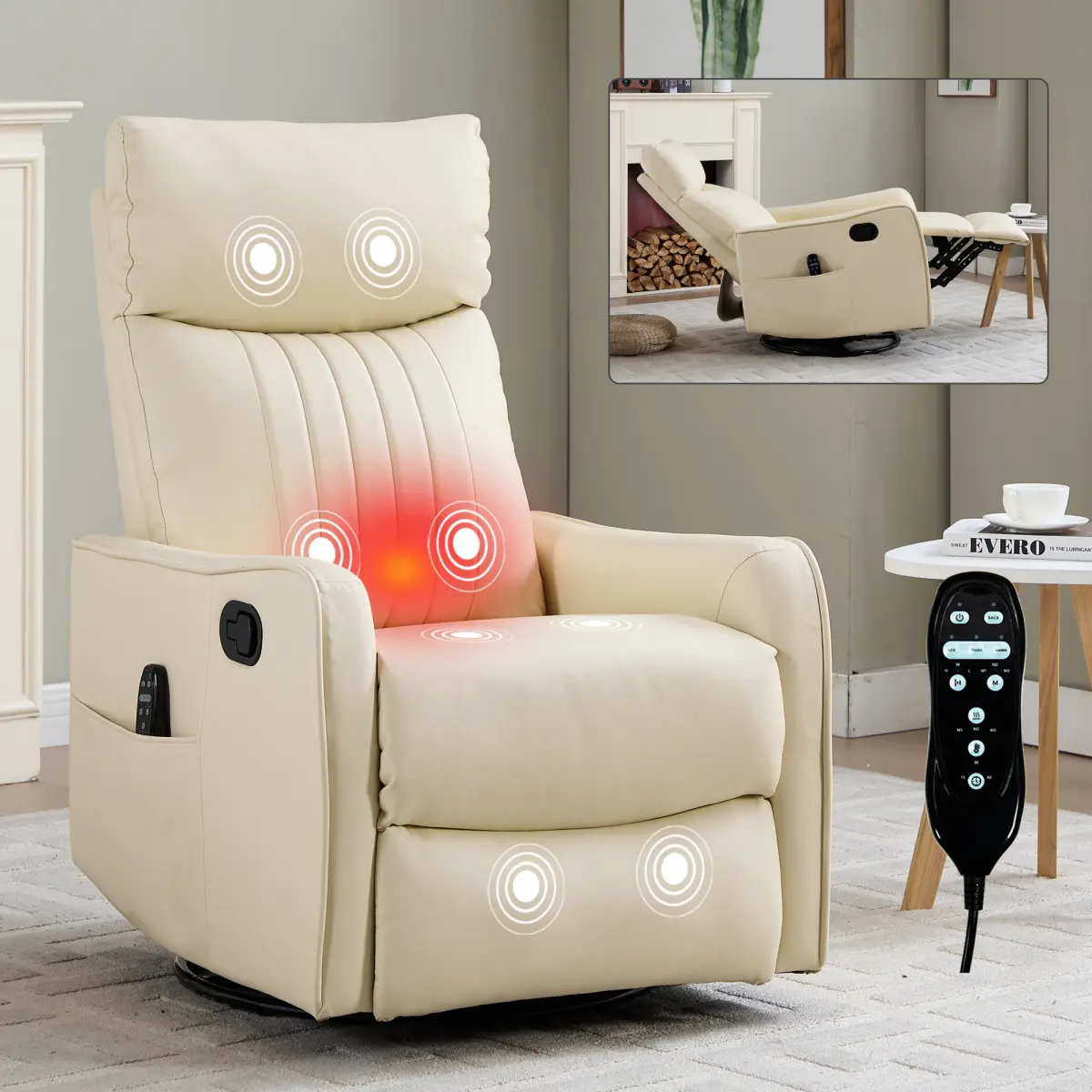 Heat Vibrating Massage Manual Recliner Chair - 360 Rotation, Rocker, 26.37 x 35.40 x 39.37 in, Timer, Modern Comfy 1-Person Indoor Living Room Furniture