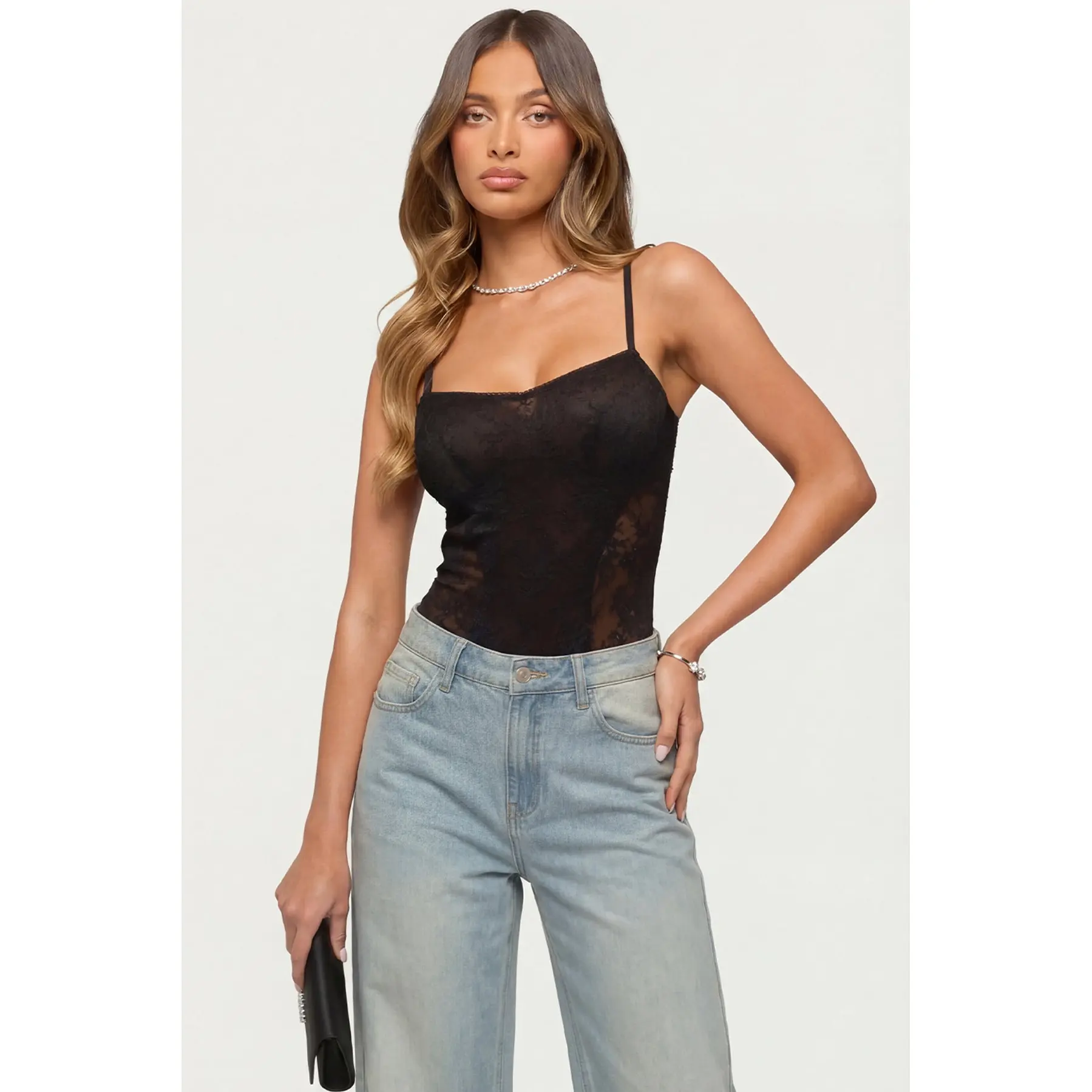 Carinna Sheer Lace Cutout Bodysuit