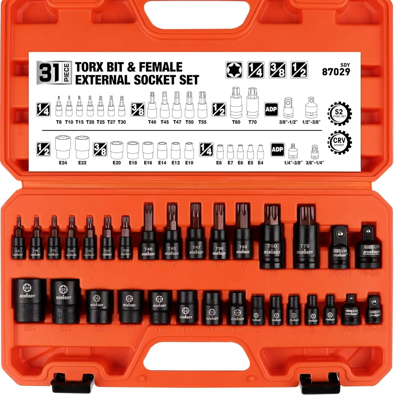 HORUSDY 31-Piece Torx Bit Socket Wrench Set - 14 Star Bits (T8-T70), 12 Female E-Torx Sockets (E4-E24), 4 Impact Adapters, High Torque Laser Marked, Precision Chamfered End for Automotive Mechanics