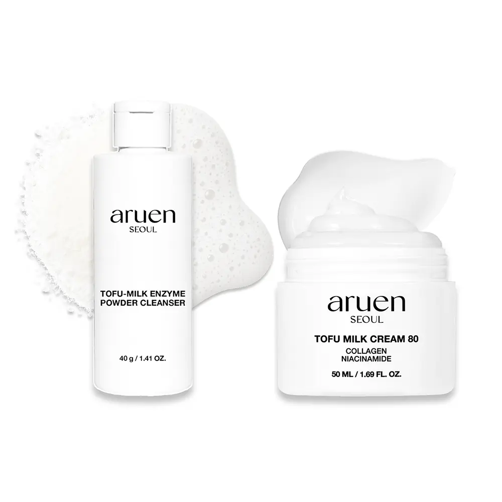 [Aruen Official] Cleanser+Cream Duo - 24hr Fermented Soy Milk with Collagen, Niacinamide & Hyaluronic Acid - Korean Firming & Hydrating Skincare Set for Radiant Skin