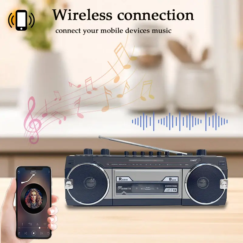 Retro Bluetooth Boombox with FM Radio Cassette Player Recorder Convert Tapes to USB SD Built-in Mic Headphone Jack USB Micro SD Slots Vintage Style Black Radio bummer  Radio bluetooth  New Year gift