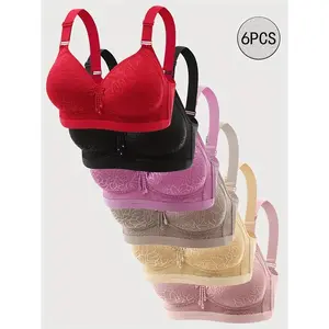 6pcs EssElegance Wire-Free Seamless Push-Up Bra for Women - Adjustable Straps, Lace Trim & Floral Embellishments, 95% Nylon/5% Elastane Blend, 6 Colors (Red/Pink/Lavender/Black/Beige/Grey) - T-Shirt Bra for Everyday Comfort