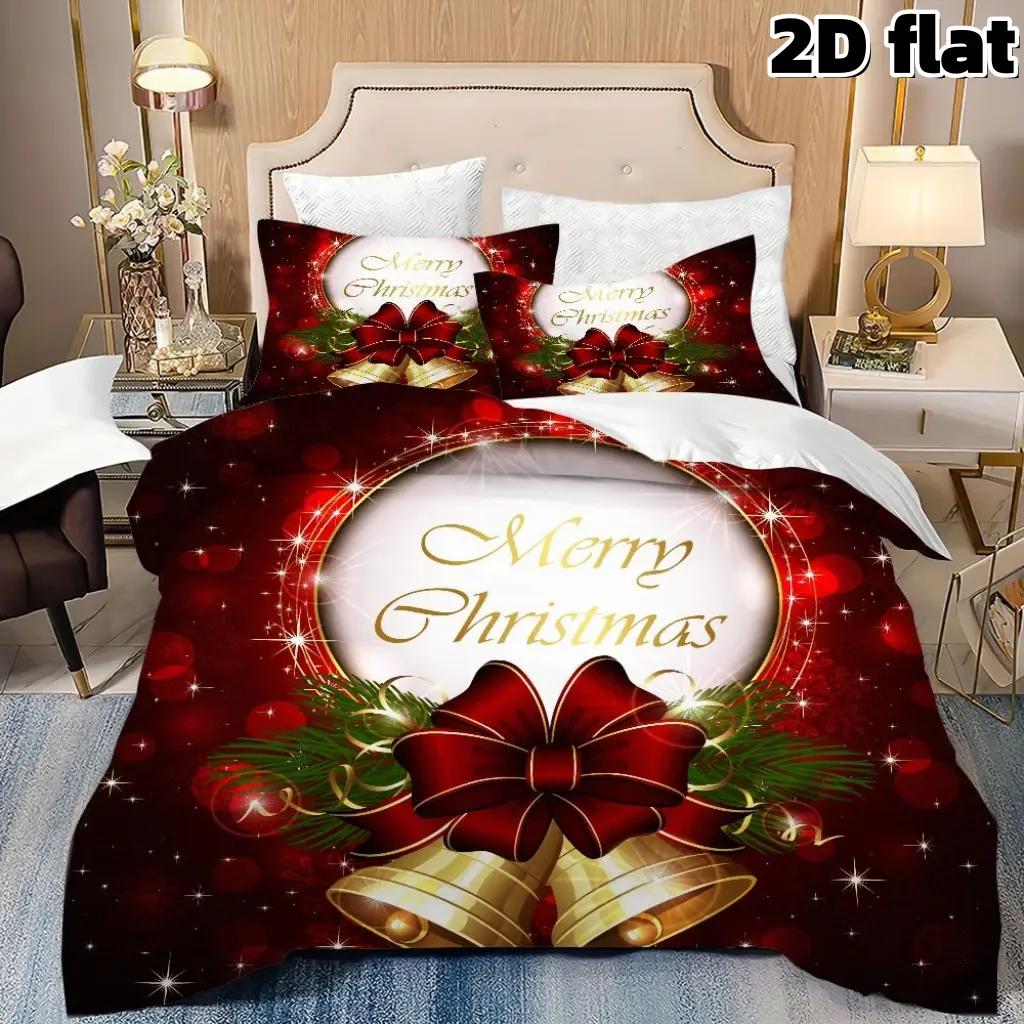 2D Flat 3Pcs Christmas Bells Duvet Cover Festive Red Holiday Bedding Collection with Golden Bells and Red Bow Soft Microfiber Bedspread Winter Seasonal Quilt Cover with 2 Pillowcases for Master Bedroom Guest Room Home Decoration Christmas Gift