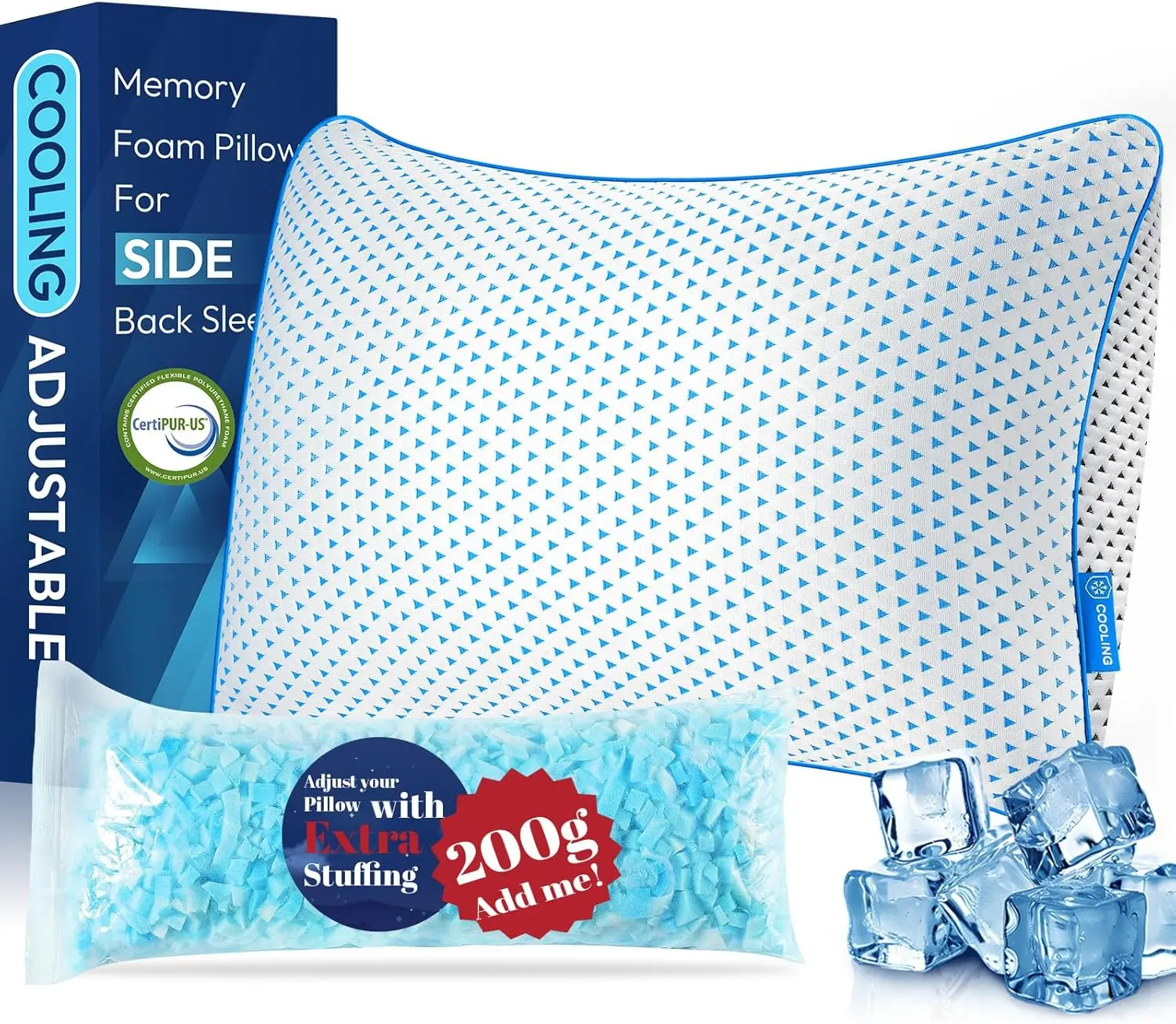 Adjustable Cooling Gel Memory  Pillows  Size for Sleeping 1 Pack,Thick FIrm  Rayon Shredded Bed Pillow for Side,, Sleepers Washable Breathable Pillowcase,College Dorm  XL