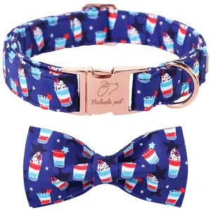 Patriotic 4th of July Dog Collar with Bow Tie - American Flag Blue Star Sundae Summer Bowtie Collar for Small Medium Large Dogs