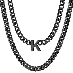 PROSTEEL A-Z Dainty Letters Pendant Necklace Stainless Steel Custom Initial 26 Letters 7mm Cuban Link Chain Necklace Unisex For Women Men
