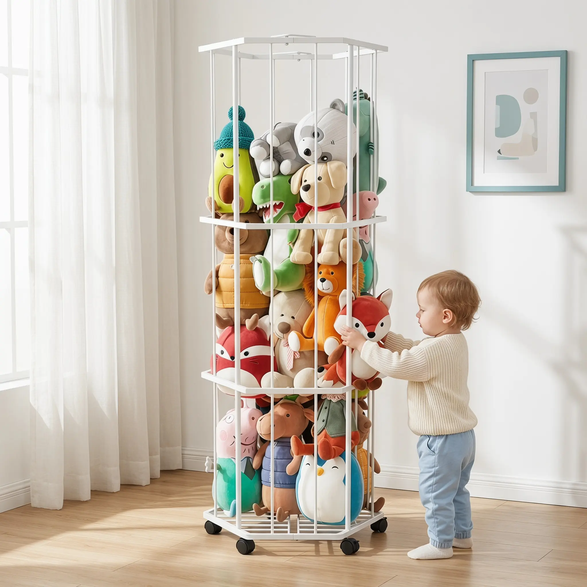 360° Rotating Stuffed Animal Storage Rack with Wheels, Metal Plush Toy Organizer, Large Capacity Doll Display Holder for Kids Bedroom Playroom