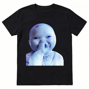 Cotton Funny AI Baby Holding Laugh Meme Viral Trend T-Shirt for Casual Wear Trendy Outfits Comfortable Breathable Design