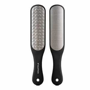 Double Sided Foot File - Professional Stainless Steel Pedicure Tool For Dry, Cracked, Calloused Skin | Foot Care Metal Heel Scraper, Rasp, & Callus Remover | Concave, Anti-Slip Rubber Coated Waterproof Handle
