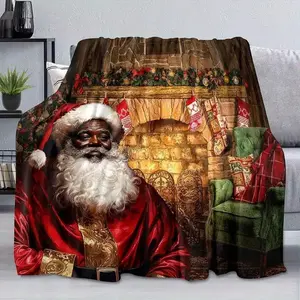 Black Santa Blanket - African American Santa Claus Design, 280GSM Plush Flannel, Lightweight and Warm All-Season Sofa Throw, Machine Washable Modern Holiday Decoration, Suitable for Christmas and Winter