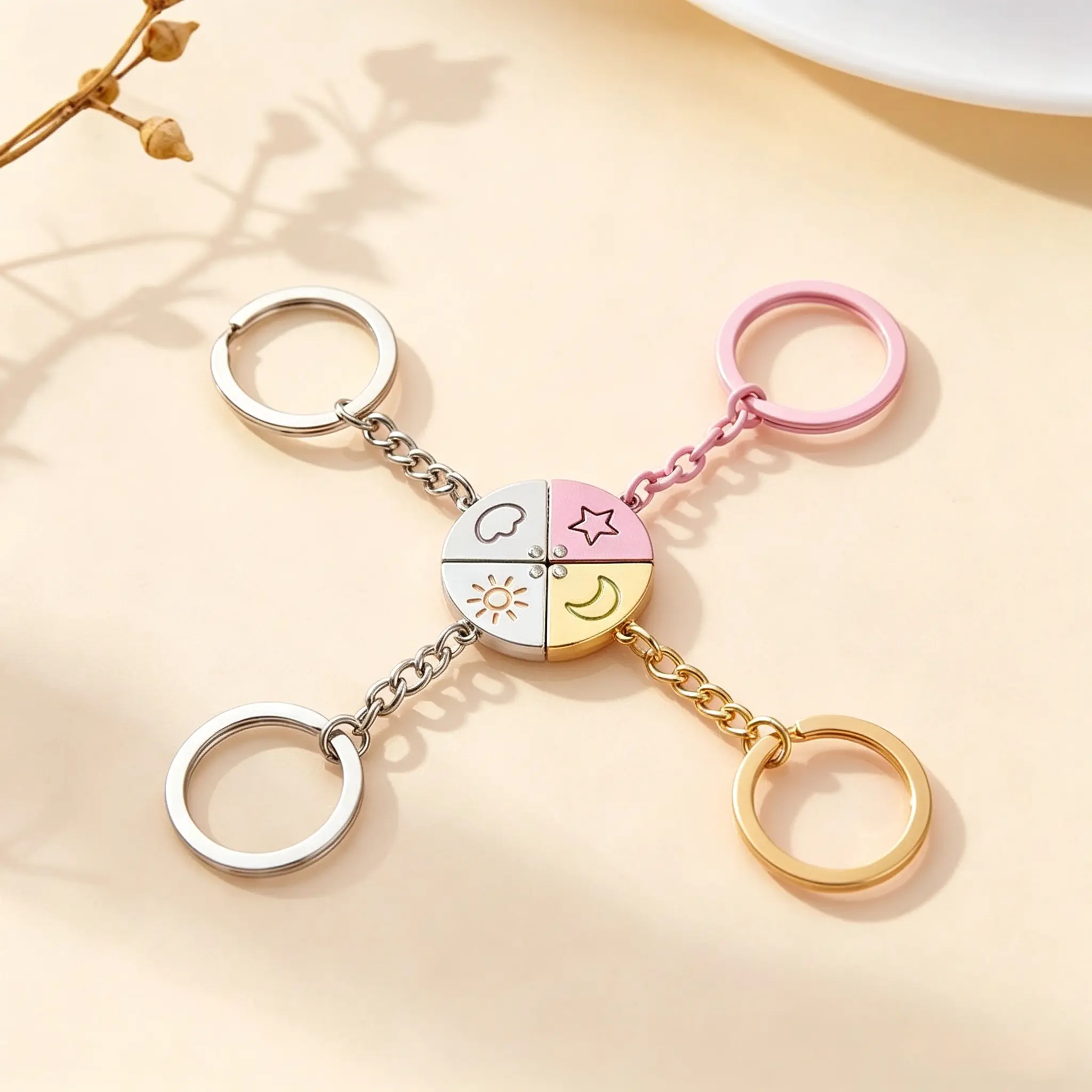 Keychain Accessory for Women with Colorful Sun, Moon, Star & Cloud Charms, Cool and Durable Magnetic Friendship Gift for Sisters & BFF, Cool Keychains, Birthday Gift Ideas, Cosmic Style Keychains