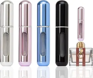 4 Pcs Mini Perfume Atomizer Refillable Bottle, 5ml Portable Bottom Fill Scent Dispenser, Leak-Proof Cologne Travel Spray Pump for Purse & Luggage (Silver/Pink/Blue/Black)