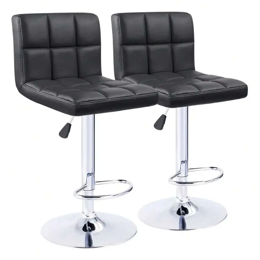 2-Seat Contemporary PU Leather Swivel Metal Barstools Set - 360° Rotatable, Hydraulic Adjustable Height, Back Pad, Without Arms, Easy Install for Kitchen Counter Square Island