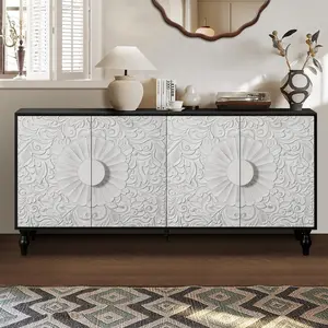 Vintage White Large Faceted Carved And Spliced Doors Combined With Black Frames For TV Stand Table,Sideboards, Accent Cabinets   WL