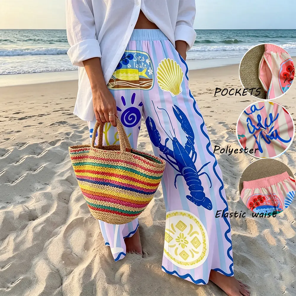 New Drops Vacation Print Wide-Leg Pants “La Dolce Vita” Lobster Design Women Statement Vibrant Holiday Trousers