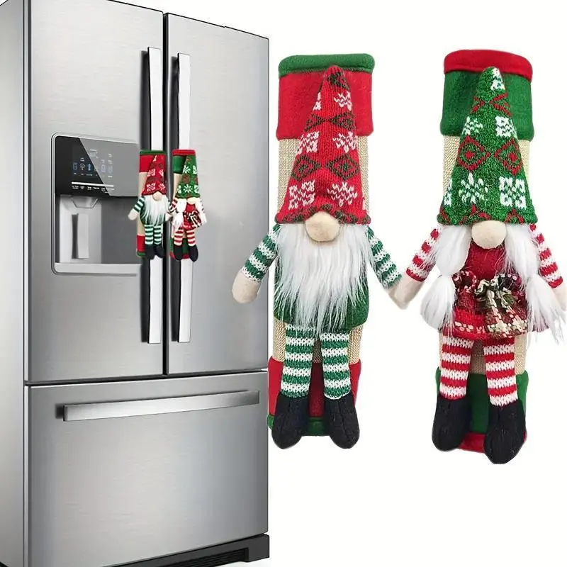 Christmas Elf Refrigerator Door Handle Covers Cute Gnome Design 2Counts Kitchen Appliance Protection Decorative Ornaments Set Machine Washable