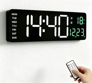16" Large Rectangle Plastic Digital Wall Clock - 4 LED Display Colors, Remote Control, Dual Alarm, Time Date Temperature Week, Dimmable Plug-In Automatic Light Up Clock for Bedroom, Home Decor, Room Decor
