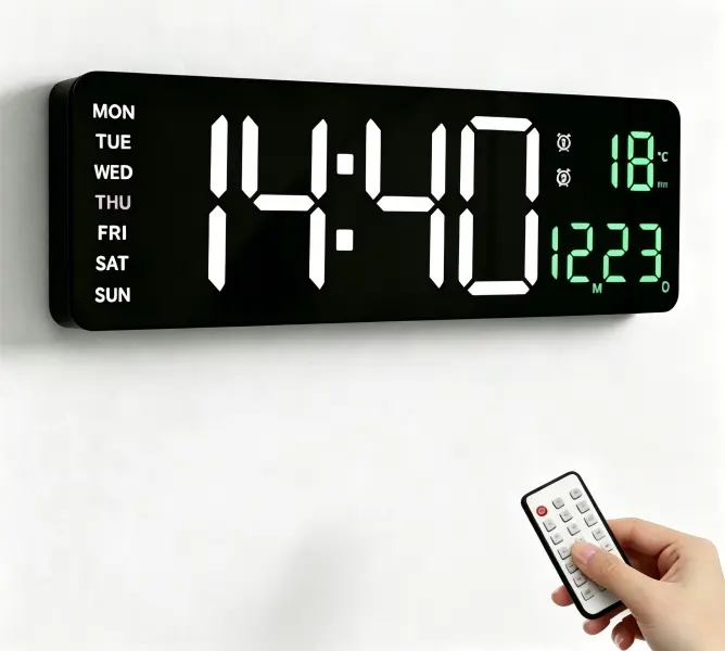 16" Large Rectangle Plastic Digital Wall Clock - 4 LED Display Colors, Remote Control, Dual Alarm, Time Date Temperature Week, Dimmable Plug-In Lighted Model for Bedroom Clocks Digital, Home Decor, Lighted Wall Clock
