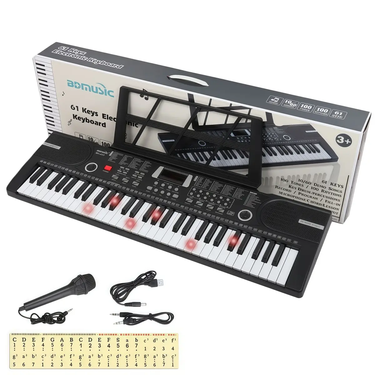 61‑Key Kids Electronic Keyboard Piano, Portable Music Keyboard with Microphone For Children Beginners, LCD Display, Recording Playback, 16 Instrument Tones, Drum Beats, Demo Songs, Adjustable Volume, Battery & Power Adapter Powered