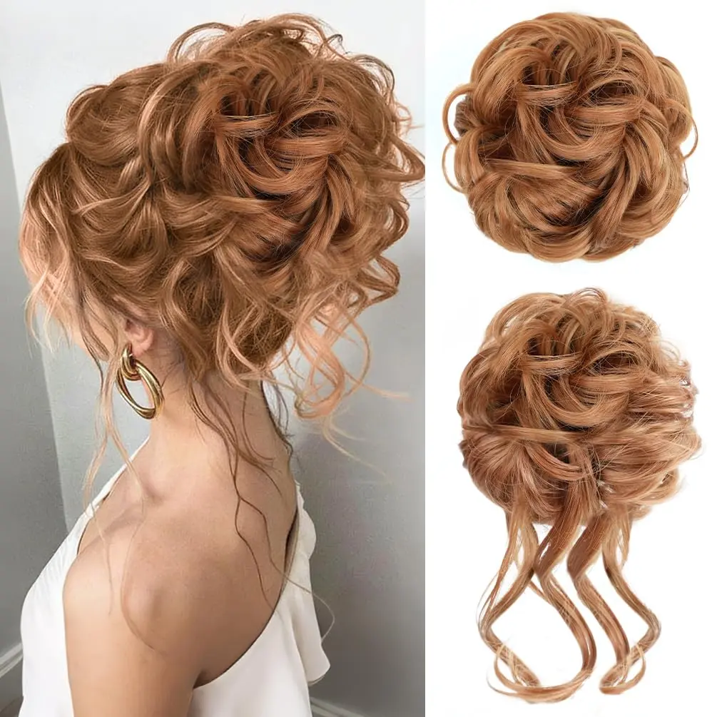 2PCS Messy Bun Hair Pieces for Women, Claw Clip Messy Bun Scrunchie Synthetic Updo Chignon Fake Ponytail Hair Piece Curly Hair Bun