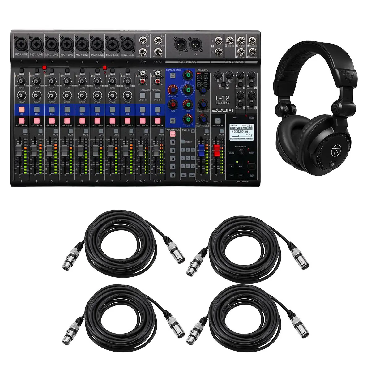 Zoom LiveTrak L-12 12-Channel Digital Mixer & Multitrack Recorder, Bundle with TAPH100 Monitor Headphones and 4x 25' XLR Cable