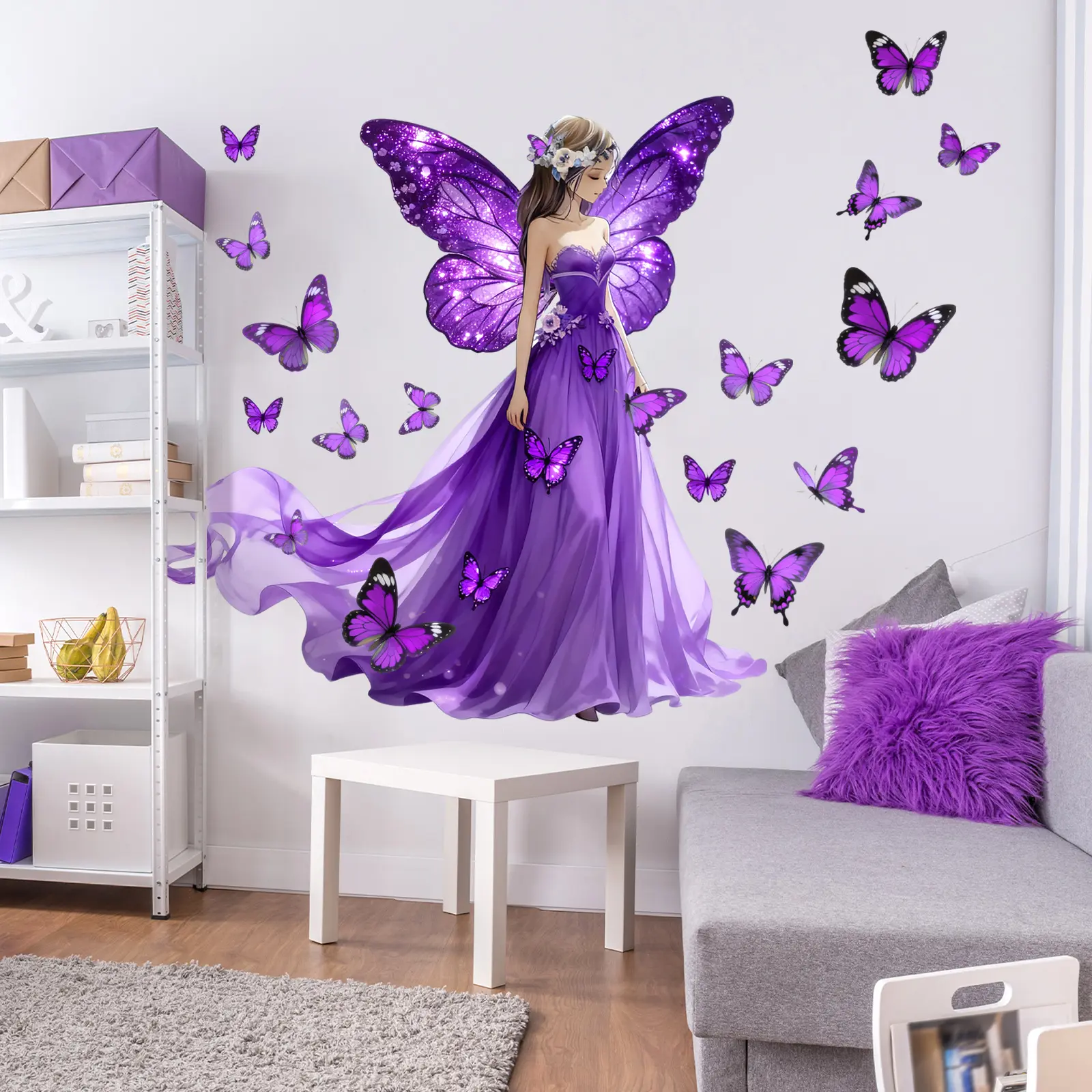 A set (30*90cm*2pcs) of purple butterfly fairy wings beautiful flat wall stickers Butterfly Wall Decals Decorative Decal for home background wall decoration, Wall Stickers Decorations, M11084