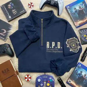 RPD Raccoon City Police Quarter Zip Sweatshirt, Embroidered Gamer Pullover, Resident Evil Inspired Half Zip Jacket, Unisex Navy Fleece, Gift for Him