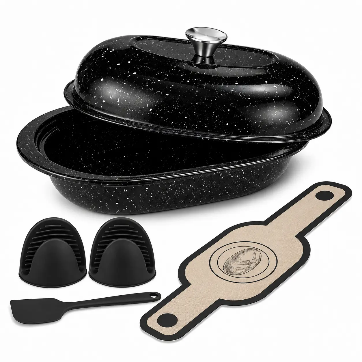 Speckled Black Oval Enamel Bread Baker Bakeware - Oven-Safe High-Domed Lid Pot with Oval Base, Includes Silicone Mitts, Spatula, Bread Baking Sling for Sourdough Home Baking