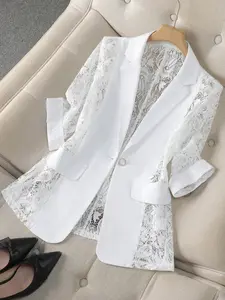 Women's Thin Lightweight Lace Patchwork Blazer Jacket, Casual Office Wear, Seven-Quarter Sleeve, Stylish and Comfortable