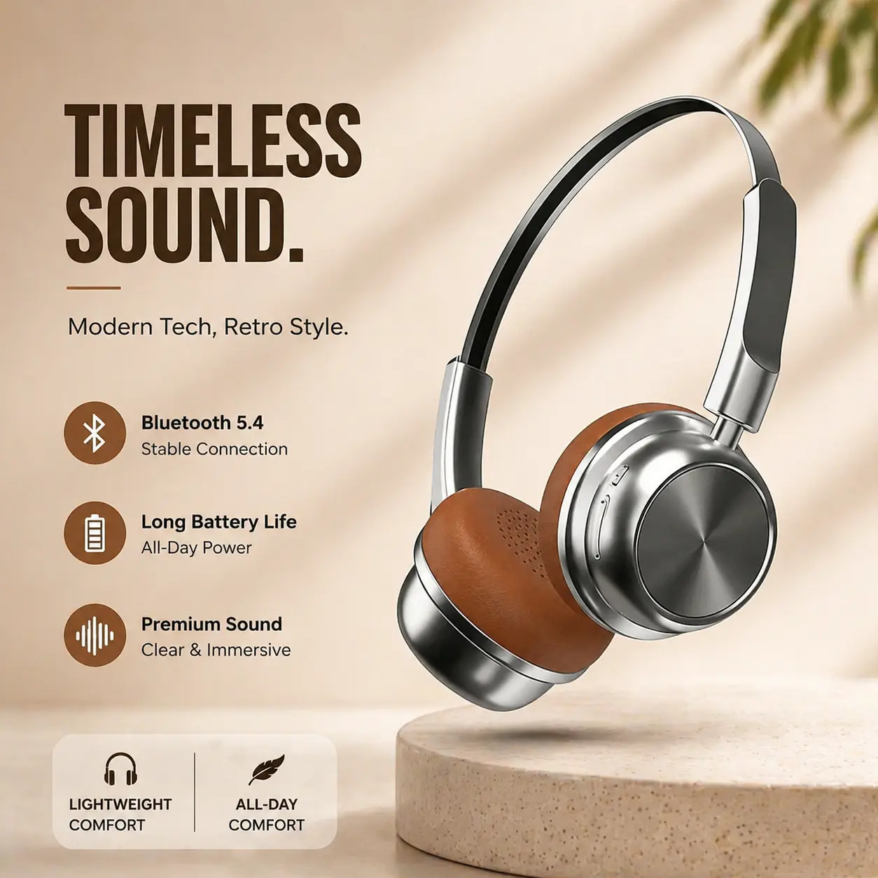 Wireless Headphones with Bluetooth 5.4 Exceptional Sound Quality Ultra Long Battery Life Retro Design for Work Study Daily Entertainment Commuting Travel Portable
