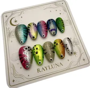 Rayluna J021- Fishing Lure Press On Nails Colorful Glitter Handmade Nail Tips with Fun Fish Float Design for Stylish Nail Art Kawaii Press-On