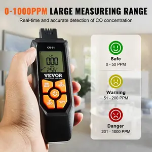 VEVOR CO Gas Monitor, 0-1000PPM Range, Features Sound Light Warning, Handheld Carbon Monoxide Meter with Temp Sensing, Digital Display with Backlight, Suitable for Household/Industrial Use, Inclu